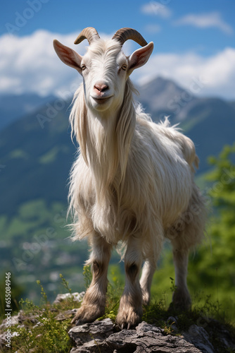 The goat is standing on the green field, mountain background .