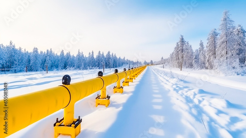 Foto Yellow gas pipeline in snow winter landscape, pressurized hydrogen transport
