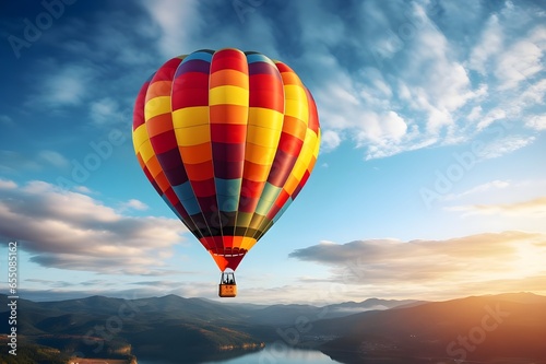 A mesmerizing shot of a vibrant hot air balloon taking flight against a clear sky. © Tachfine Art