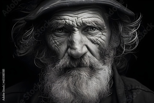 A timeless, black-and-white portrait capturing the essence of an old soul.
