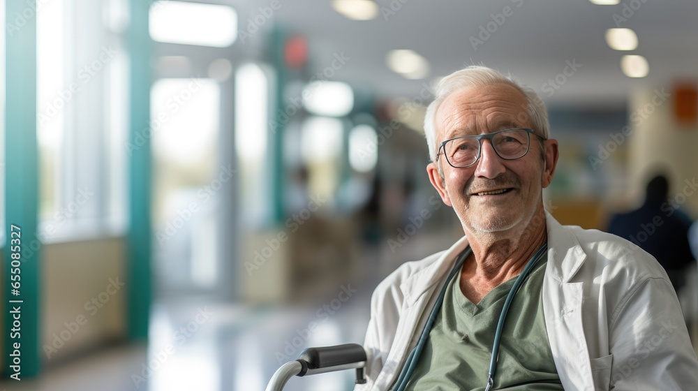 Elderly man smiling happily looking at camera on hospital wheelchair Elderly man smiling happily looking at camera on hospital wheelchair