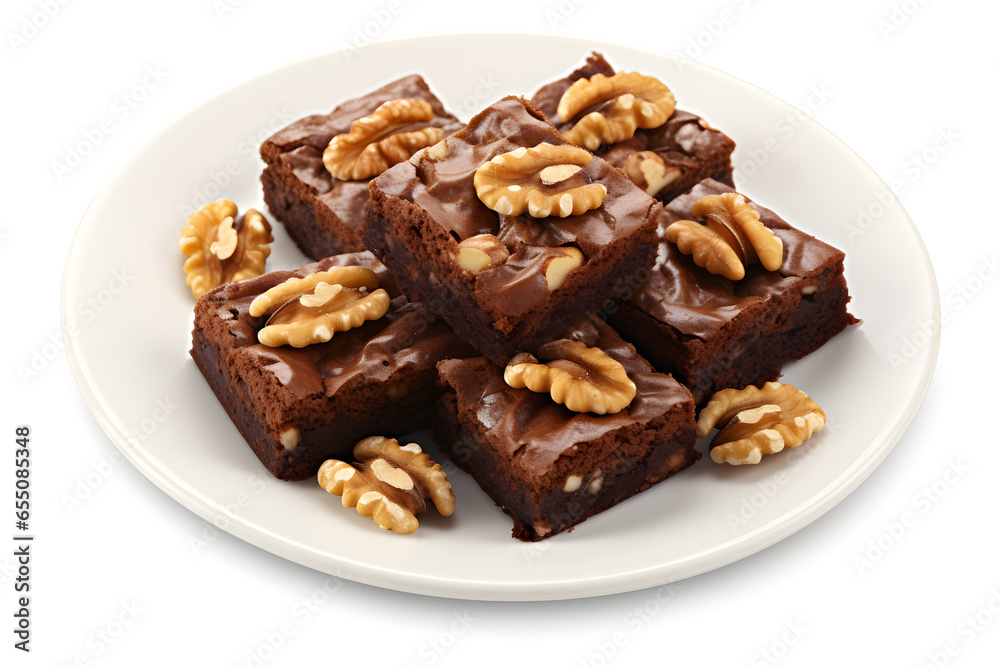 Plate of brownies with walnuts isolated on white background