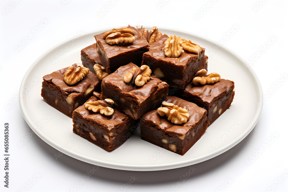 Plate of brownies with walnuts isolated on white background Plate of brownies with walnuts isolated on white background