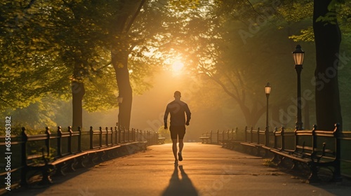 A runner running at sunrise in the park during autumn. generative AI. 