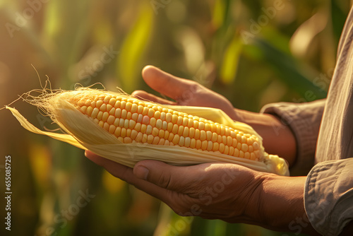 Close up of a man holding yellow corn in a cornfield. Farmer Holding Ripe Corn During Harvest Time photo