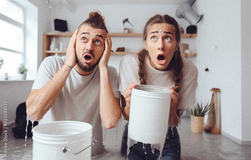 There is a flood in the apartment, water is dripping from the roof into buckets. A young couple looks at the ceiling in shock. Flood concept. The roof is leaking, a pipe has burst in the house. - obrazy, fototapety, plakaty 