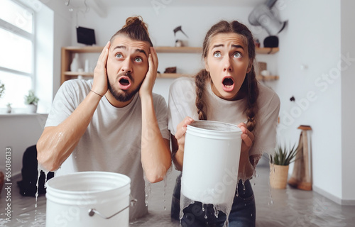 There is a flood in the apartment, water is dripping from the roof into buckets. A young couple looks at the ceiling in shock. Flood concept. The roof is leaking, a pipe has burst in the house.