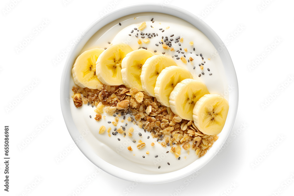 overhead view of Delicious Bowl of Yogurt with Bananas, Granola and Chia Seeds Isolated on a white Background overhead view of Delicious Bowl of Yogurt with Bananas, Granola and Chia Seeds Isolated on a white Background