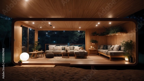 living room interior  A Beech-Themed Container House with Exquisite Interior Design  Illuminated in Tranquil Nightscapes