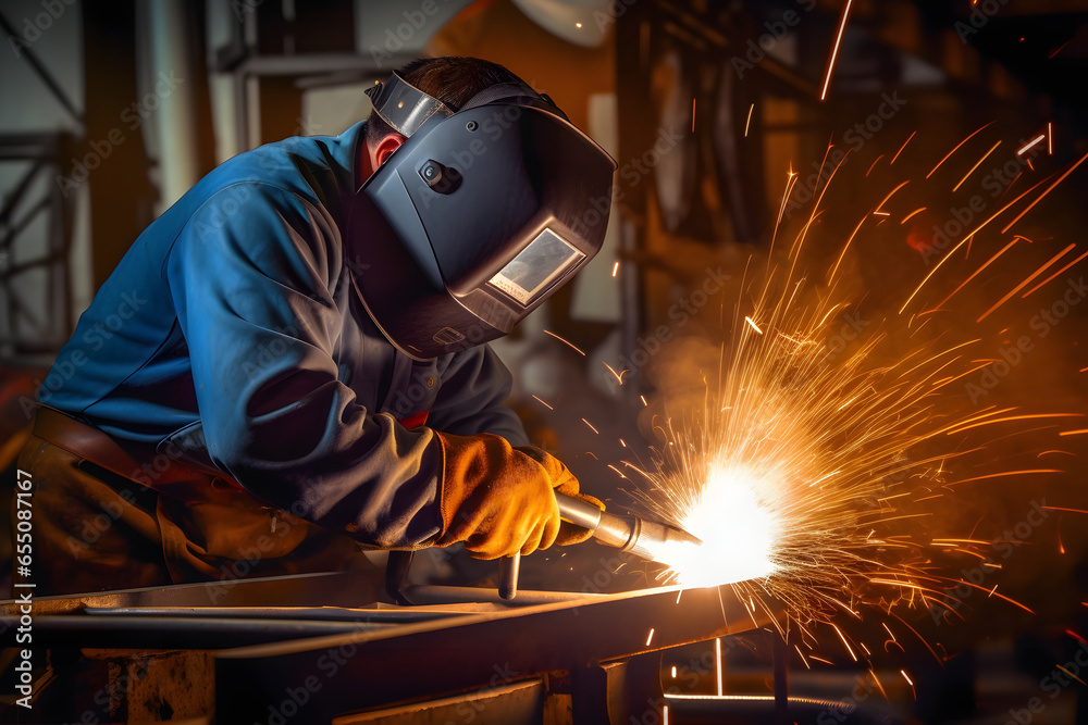 Handymen performing welding and grinding in the factory, sparks and dust from the cut-off stone. Handymen performing welding and grinding in the factory, sparks and dust from the cut-off stone.