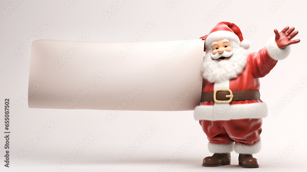 Smiling Santa Claus pointing at empty white advertising banner background with copy space