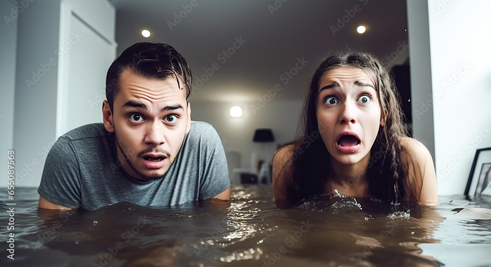There is a flood in the apartment. A young couple in shock stands in an apartment waist-deep in water. Flood concept. The roof is leaking, a pipe has burst in the house. - obrazy, fototapety, plakaty 