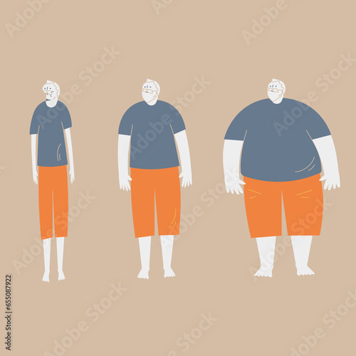A thin man. Men of normal weight. A fat man. Illustration of weight gain and loss concept.
