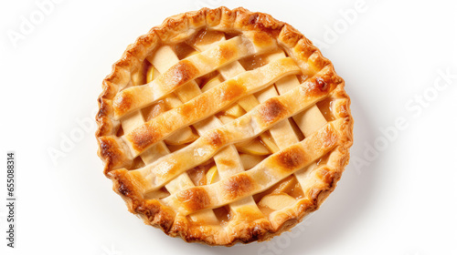 Slice of Home: Top-Down View of Premium Apple Pie with Glazed Caramel on Isolated Clean White Background photo