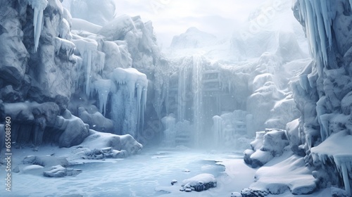 A magnificent centerpiece in a wintery landscape is an ice-covered waterfall.