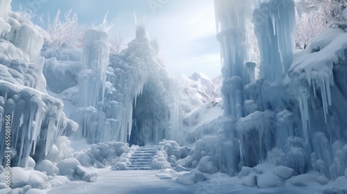 A frozen waterfall with intricate ice formations, creating a stunning centerpiece in a winter wonderland.