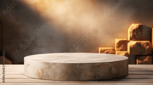 Photo of stone podium display background with natural texture and warm lighting, exuding minimalist elegance perfect for product photography - Created with AI technology