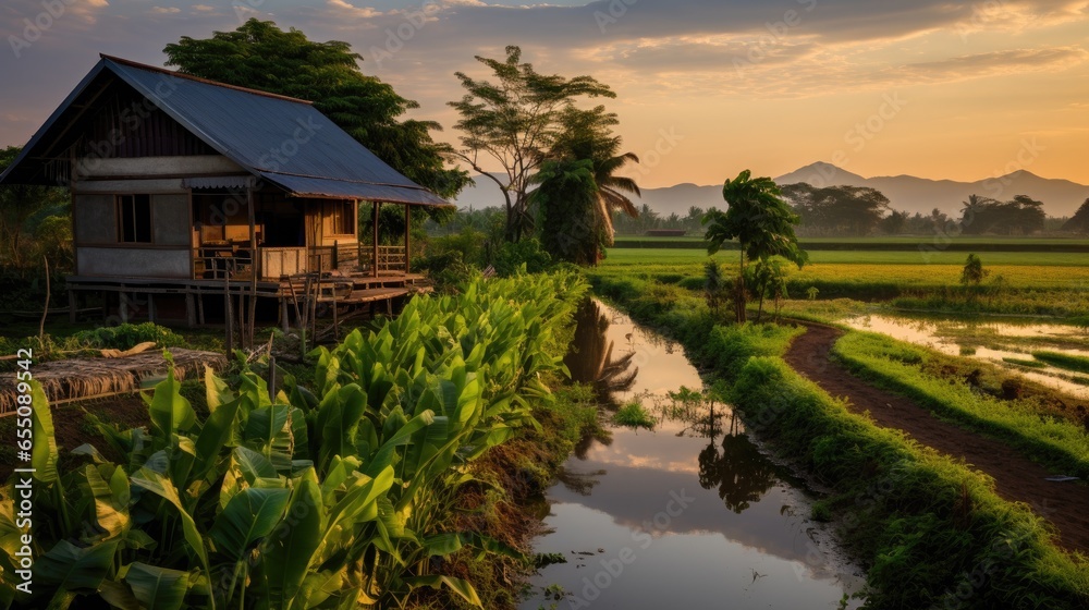 Small Thai style house In the middle of an agricultural farm Vegetable plot with rice fields Surrounded by a river at sunset