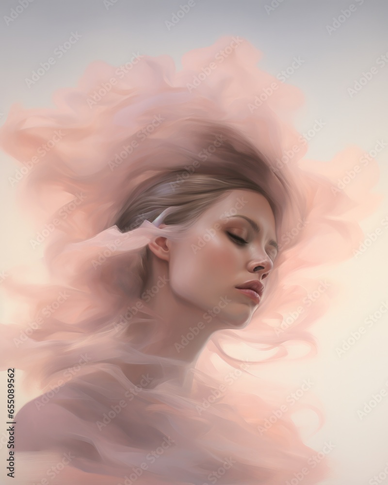 A woman with her hair blowing in the wind. Generative AI.