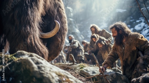 A group of neanderthal people with a mammoth. Generative AI.