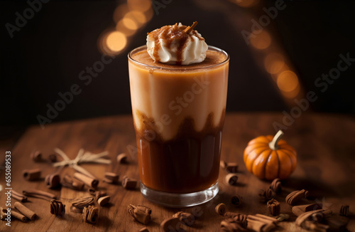 cinnamon dolce latte drink autumn fall vibe dark bokeh background