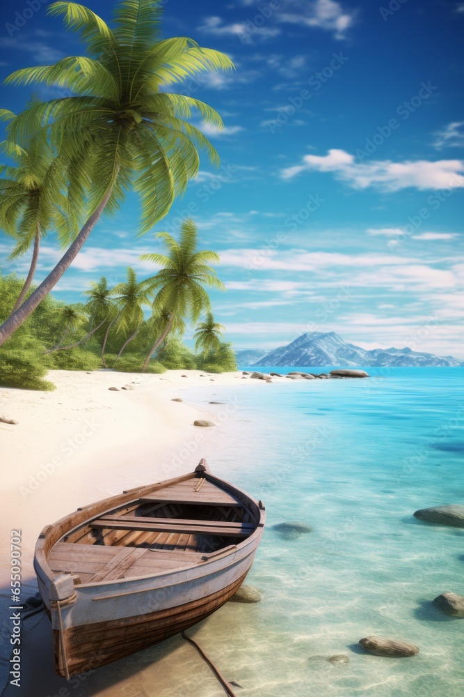 Generative AI image of a wooden boat on a beautiful sunny beach