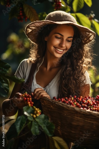 happy young brazilian village woman picking coffee against coffee background 