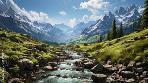 Majestic Alpine Scenery: Captivating Peaks, Valleys, Rivers, and Forests Amidst Clouds, Snow, and Vibrant Greenery, generative AI
