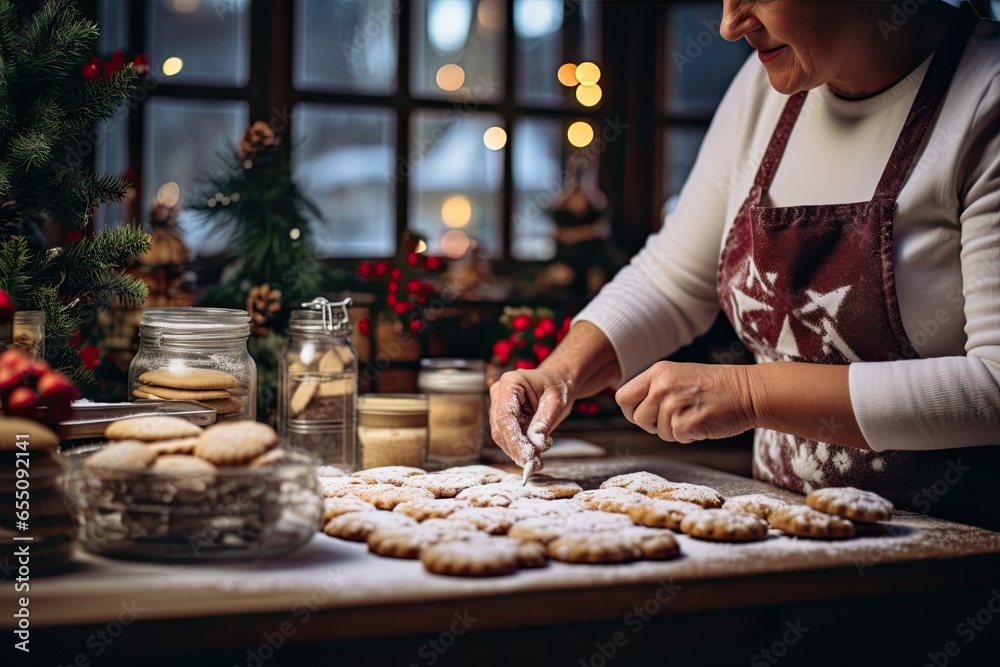 A woman in an apron makes cookies on the background of a Christmas tree and lights. New year and Christmas Festive Atmosphere concept.