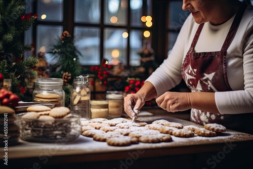 A woman in an apron makes cookies on the background of a Christmas tree and lights. New year and Christmas Festive Atmosphere concept.