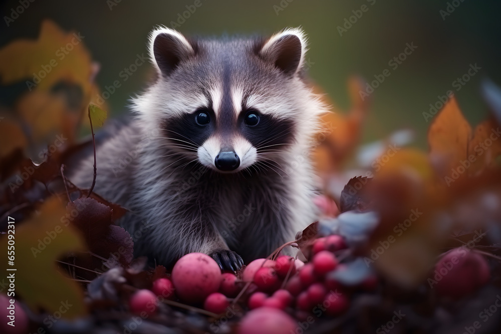 Obraz premium Portrait of cute raccoon animal, berry fruits and autumn leaves in the jungle.