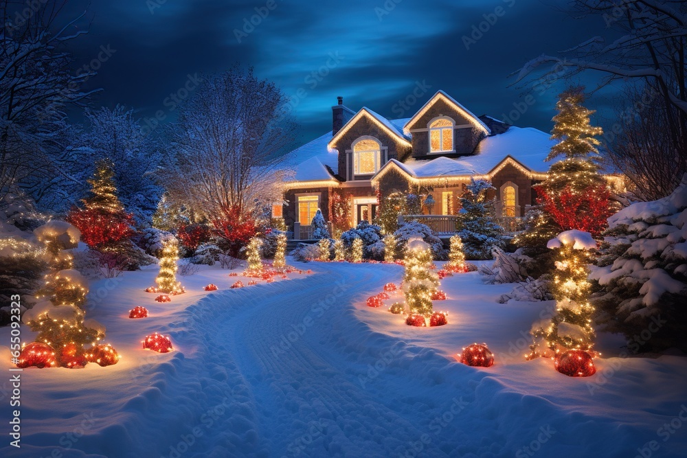 A winter path leads to a large house, which is decorated with lights. New year and Christmas Festive Atmosphere concept.