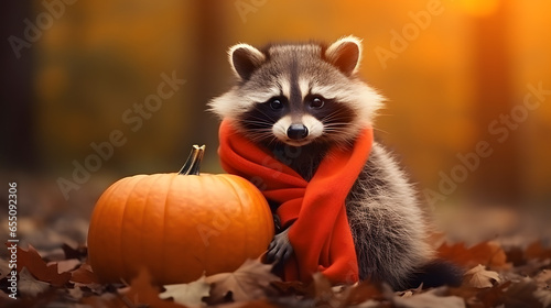A cute raccoon animal and halloween pumpkin and autumn leaves in the jungle.