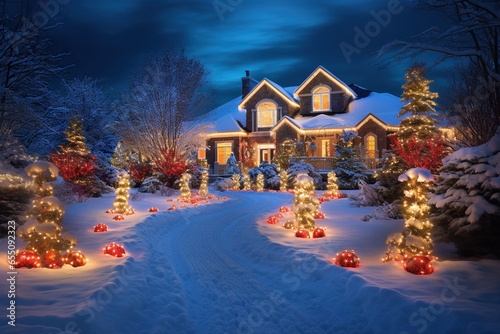 A winter path leads to a large house  which is decorated with lights. New year and Christmas Festive Atmosphere concept.