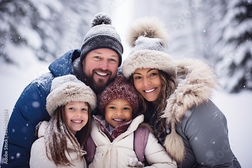 A happy family of parents and two girls on the background of a snow-covered forest. New year and Christmas Festive Atmosphere concept.