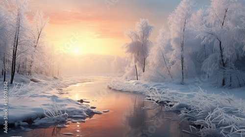 A peaceful winter scene with a flowing frozen river in the background and the beautiful glow of the setting sun. © Nazia