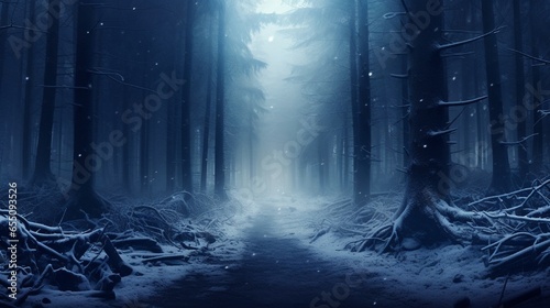 A winter forest enveloped in mist and snow, with the ominous yet wonderful ambiance of dusk in the snow.