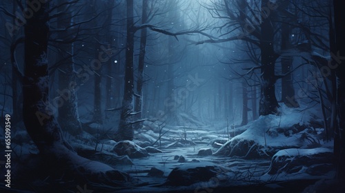 A winter forest shrouded in mist and snow, with the eerie yet enchanting atmosphere of a snowy twilight.