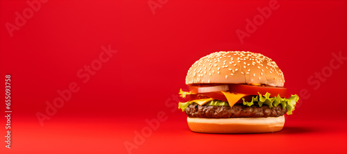 Hamburger isolated on a red background with space for copy © sam