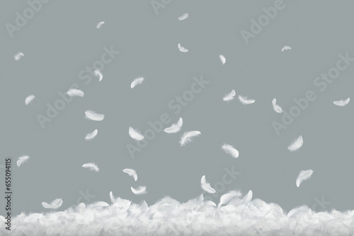 Abstract White Bird Feathers Falling on Floor. Softness of Feather on Gray Background.