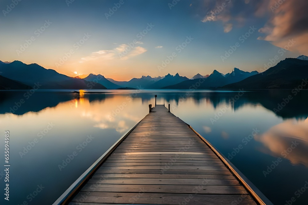 Tranquil lakeside sunset over the mountains