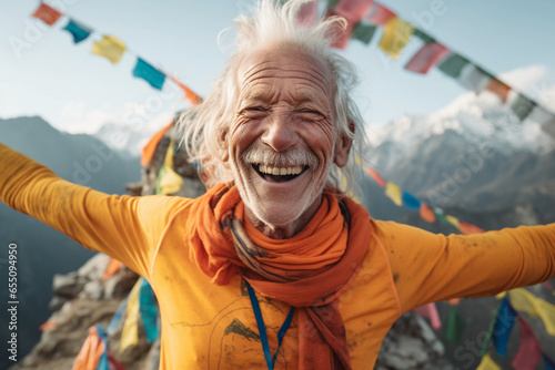 Happy smiling man standing under the colourful prayer flags to the golden rooftop of The Bouddhanath Temple in Kathmandu, Nepal. Festival background. AI Generative