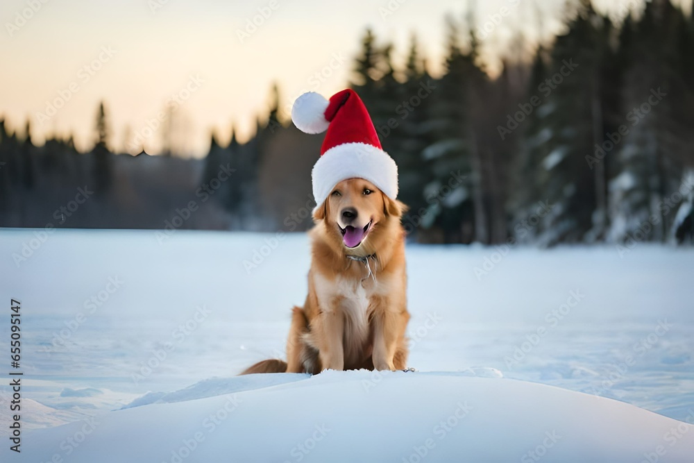 A happy dog wearing a Santa hat, playing in the snow and catching snowflakes with its tongue.