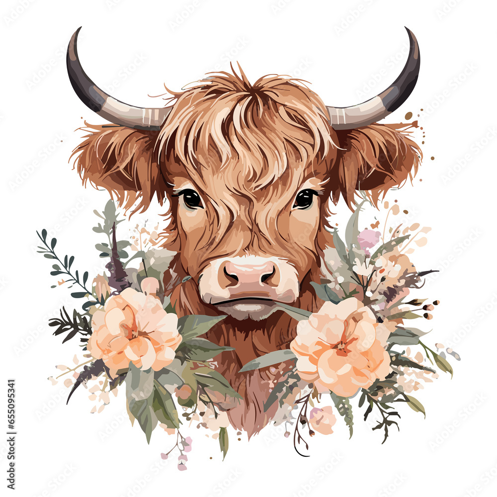 Bull Head with flowers transparent background - obrazy, fototapety, plakaty 