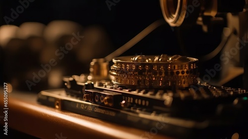 Vintage DJ Setup: Retro Music Mixing Machine and Antique Keyboard with Close-Up Macro Shots, generative AI