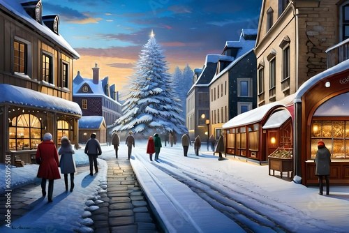 A snow-covered village square with a bustling Christmas market and a giant, twinkling tree.