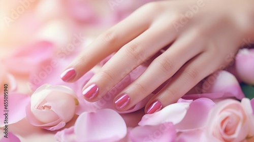 Manicure and hand spa Beautiful woman s hands  delicate skin  and pink rose flower petals on her nails. 