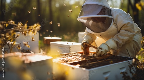 Photo of a beekeeper tending to a beehive in a protective suit created with Generative AI technology