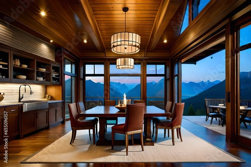 A cozy mountain cabin dining room with a stone fireplace, log walls, and a table set for a hearty alpine meal.