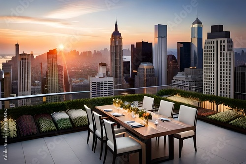 A rooftop dining terrace with a long communal table, string lights, and a view of a bustling cityscape at night.